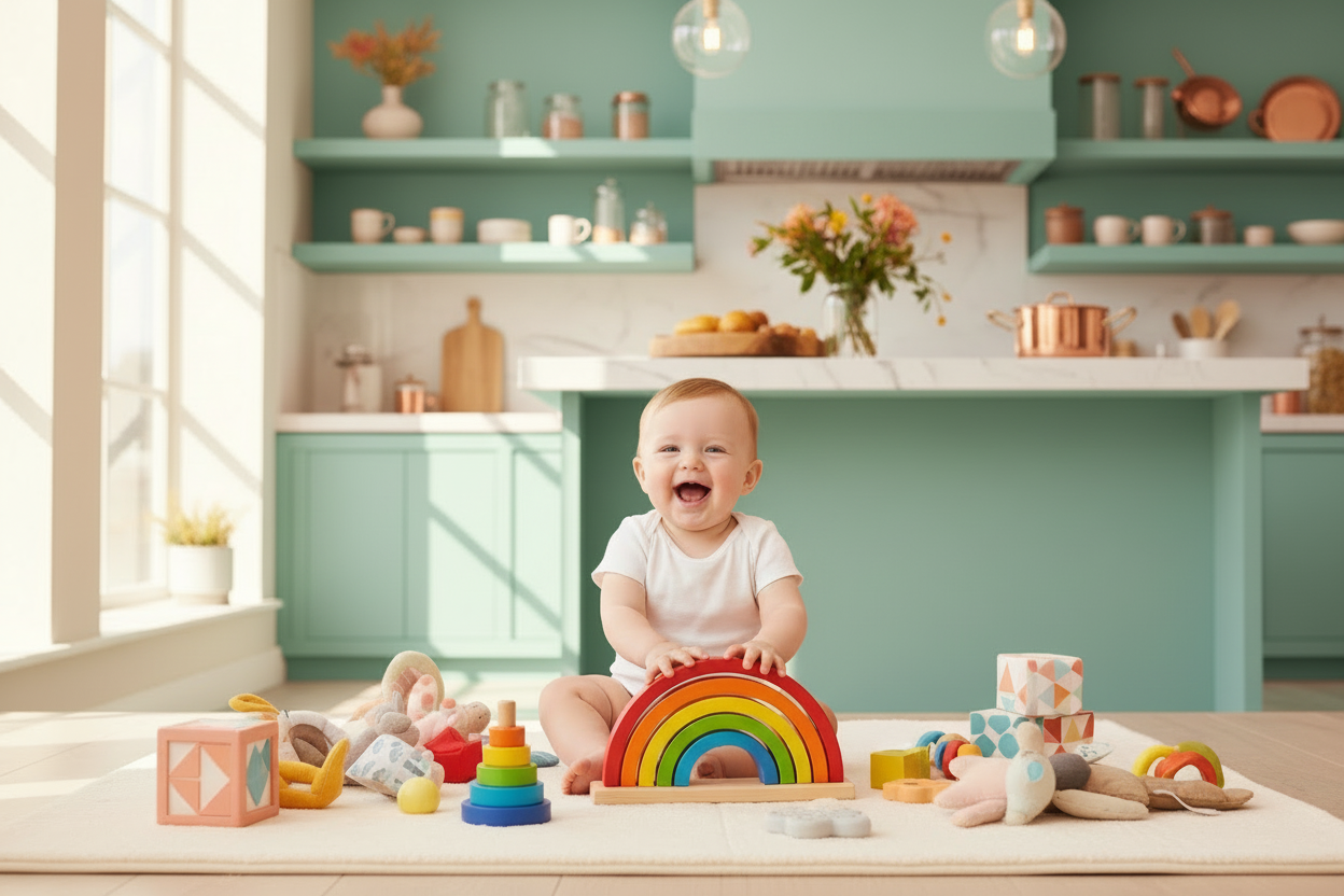 cheerful baby playing with toys the background colour should match the store theme colour